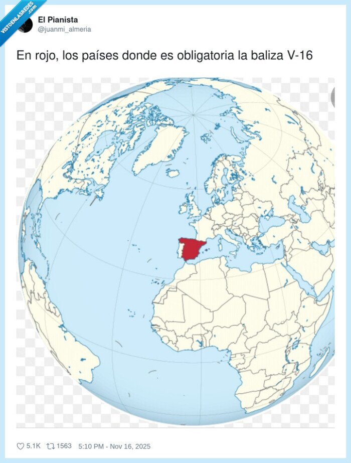 Baliza V16,España,Obligatoriedad,Mapa Mundial,Excepción