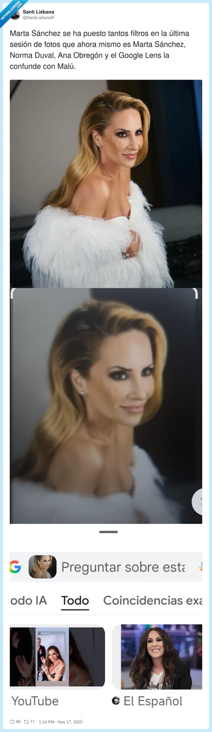Marta Sánchez,filtros,Google Lens,confusión,Malú