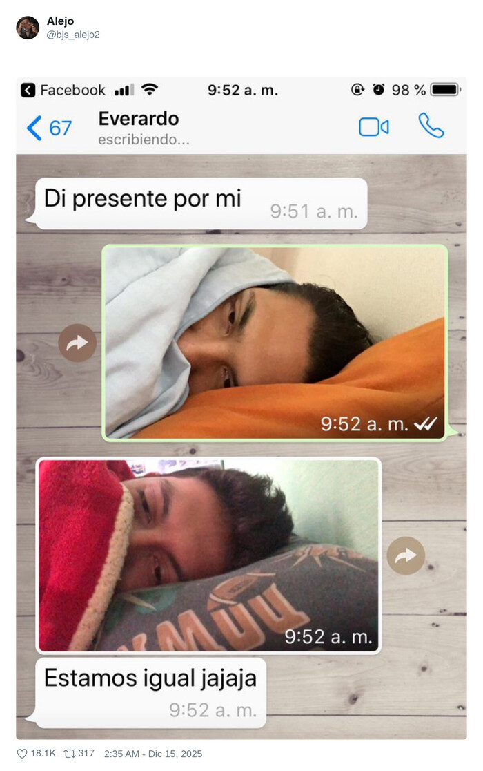 1710679 - Amistad nivel: si tú faltas, yo también hago huelga desde la cama, por @bjs_alejo2