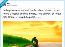 Enlace a Yo de pequeño: “de mayor seré millonario”; yo de mayor: “¿a cuánto sale si pillamos el décimo entre cinco?”, por @xexu_fernandez