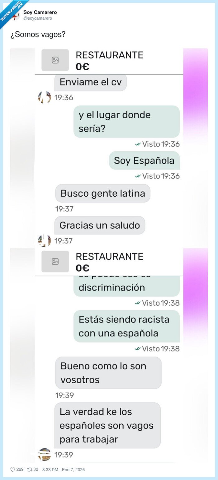 discriminacion,racismo,trabajo,vago,restaurante