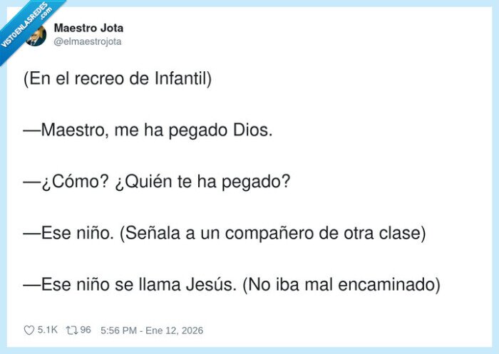 1712277 - Cuando dices “me ha pegado Dios” y el profe te suelta: “pues se llama Jesús, crack”, por @elmaestrojota