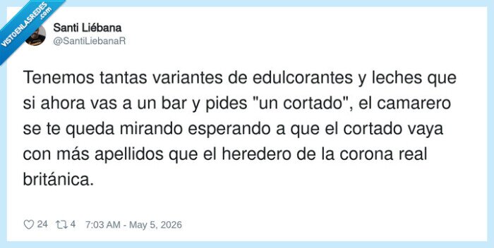 1727228 - Pido un cortado y me piden el árbol genealógico: leche, edulcorante y traumas incluidos, por @SantiLiebanaR