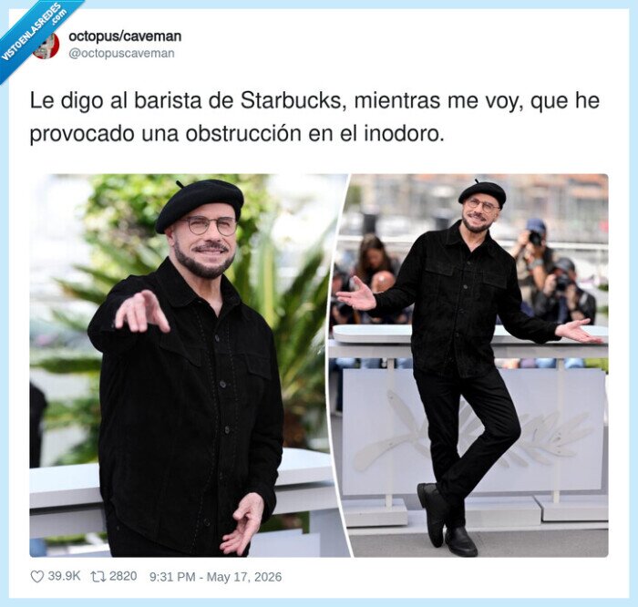 travolta,obstruccion,inodoro,barista,Starbucks,caveman