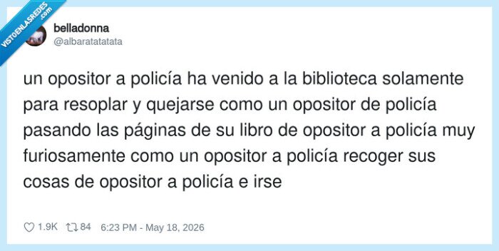opositor,polic&iacute;a,biblioteca,libro,resoplar
