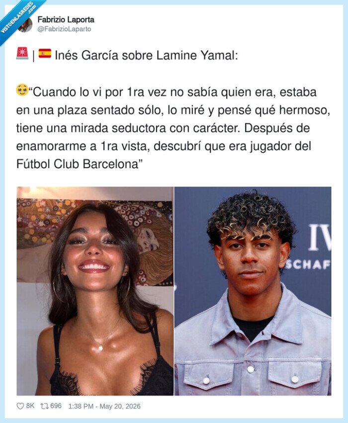 LamineYamal,In&eacute;sGarc&iacute;a,BarcelonaFC,amor,mirada