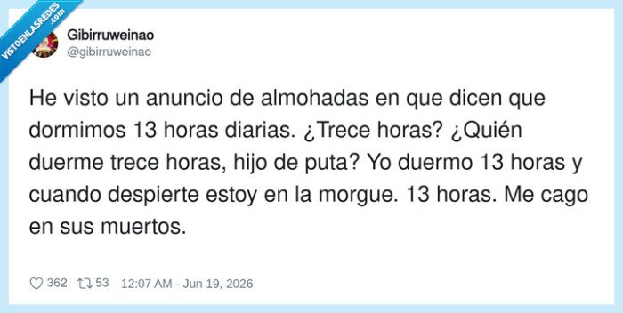 1737202 - 13 horas durmiendo y aún así me despierto más cansao que un funcionario en viernes, por @gibirruweinao