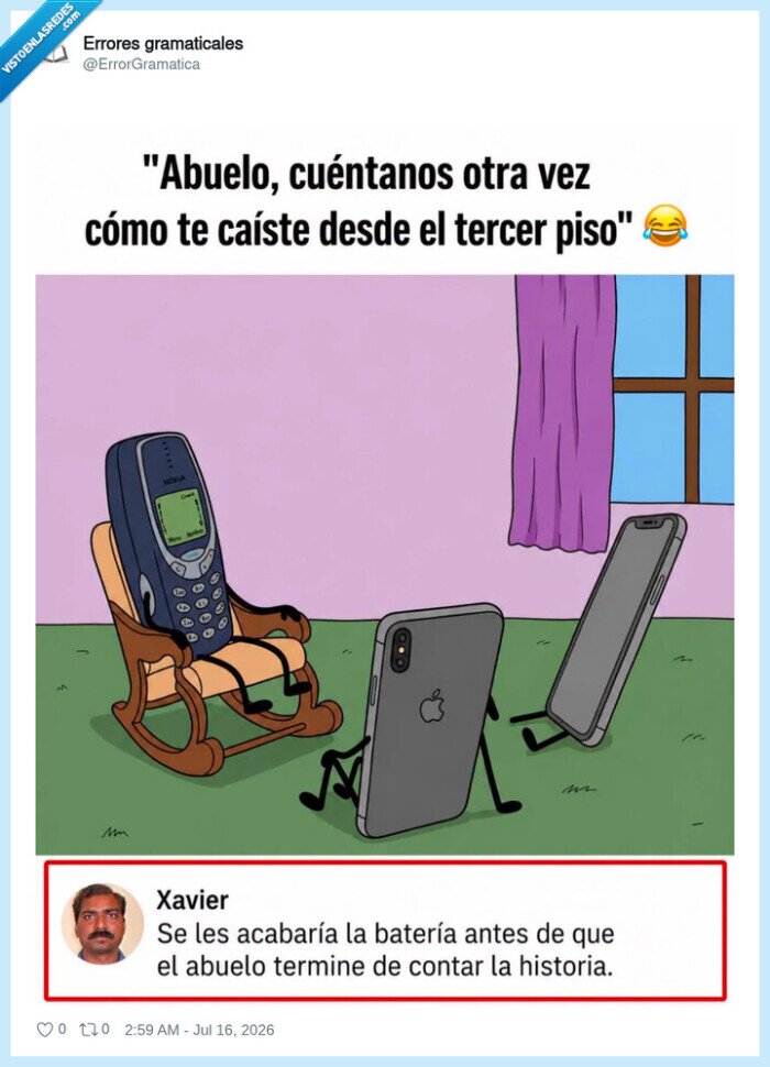 1742966 - El Nokia 3310 contando historias mientras los móviles modernos ya están en el suelo, por @ErrorGramatica