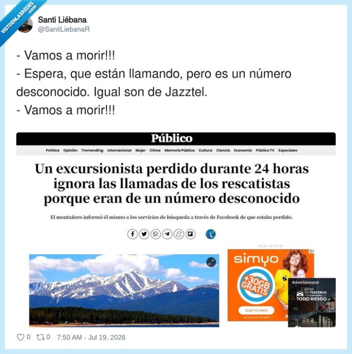 excursionista,llamadas,rescate,desconocido,publicidad