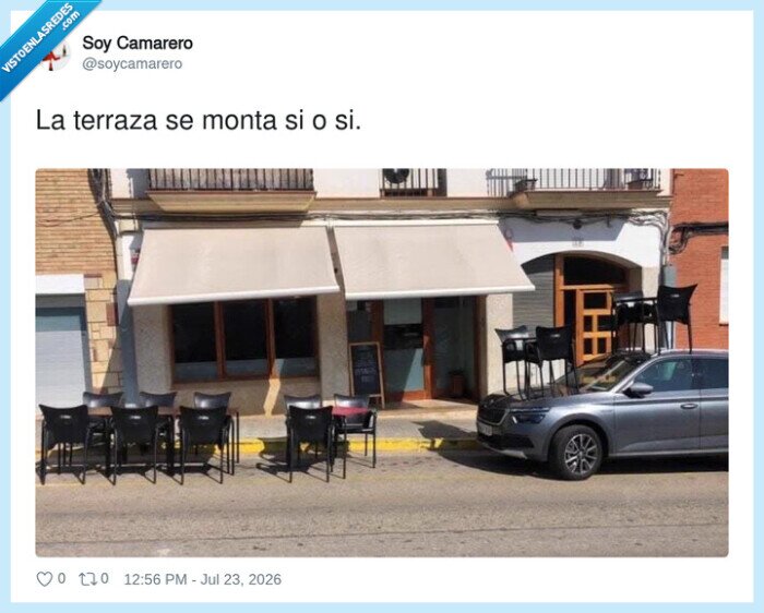 terraza,coche,acera,hosteler&iacute;a,sillas