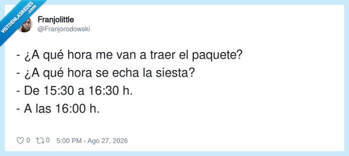 siesta,entrega,paquete,horario,16:00