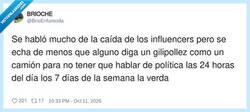 Enlace a Hasta las tonterías de influencers se echan de menos cuando solo se habla de política, por @BrioEnfurecida