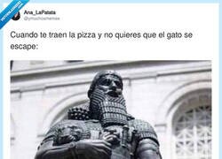 Enlace a Cuando llega la pizza y hay que defenderla del gato, por @ymuchosmemes