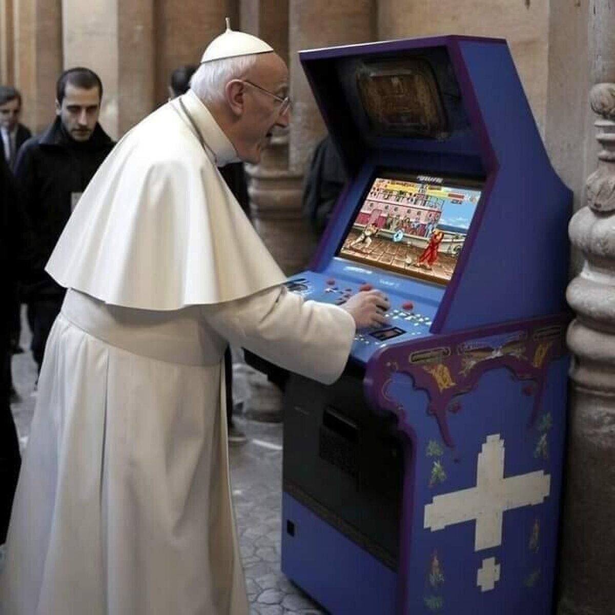 Esa imagen es falsa... todos saben que el Papa juega King of Fighters 