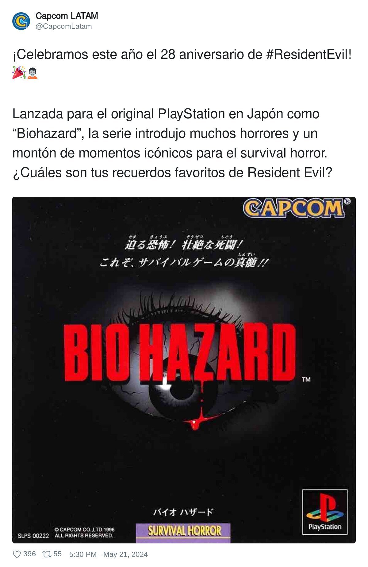 ¡Celebramos este año el 28 aniversario de #ResidentEvil! ¿Cuáles son tus recuerdos favoritos de Resident Evil?