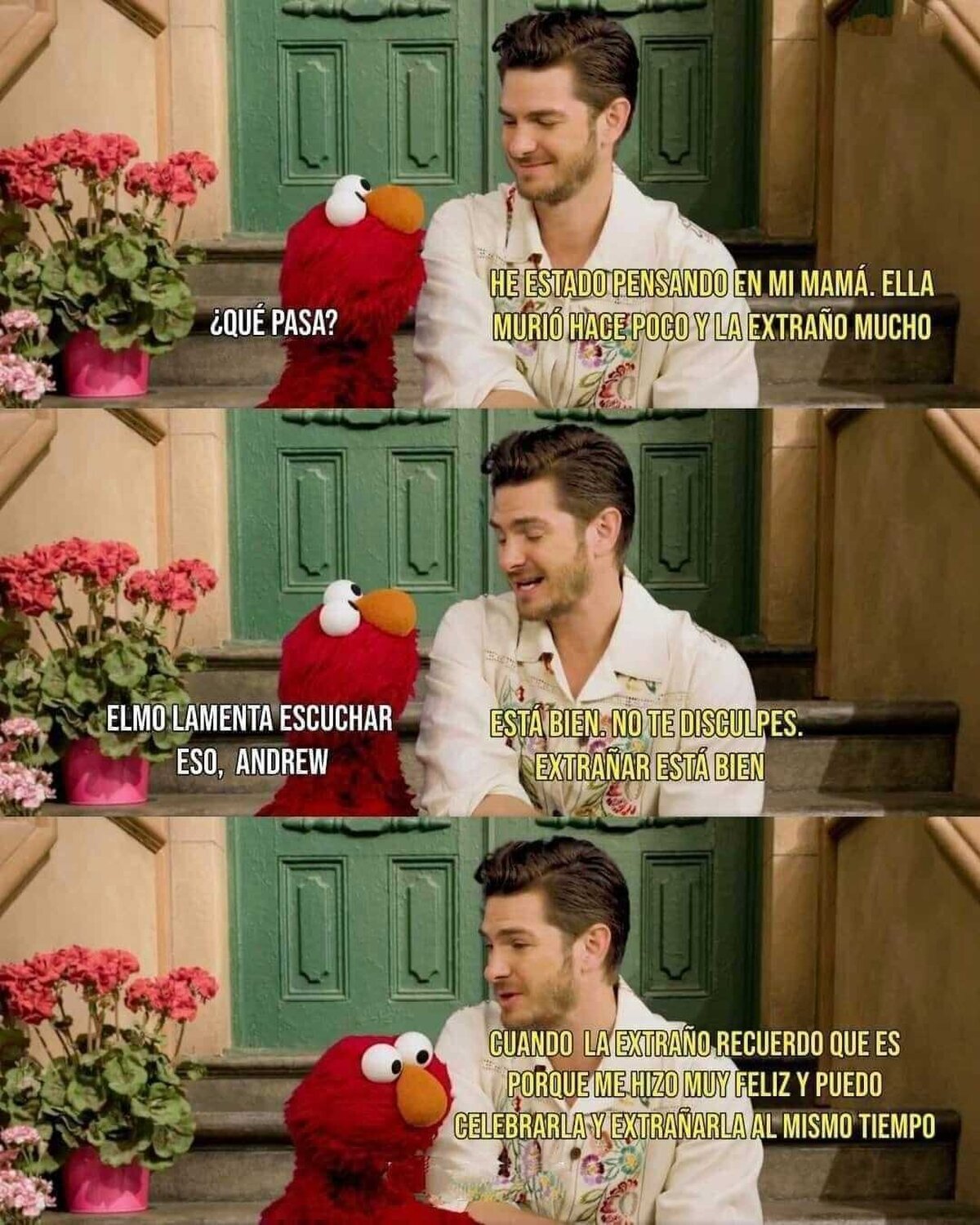 Andrew Garfield se sincera con Elmo sobre el fallecimiento de su madre