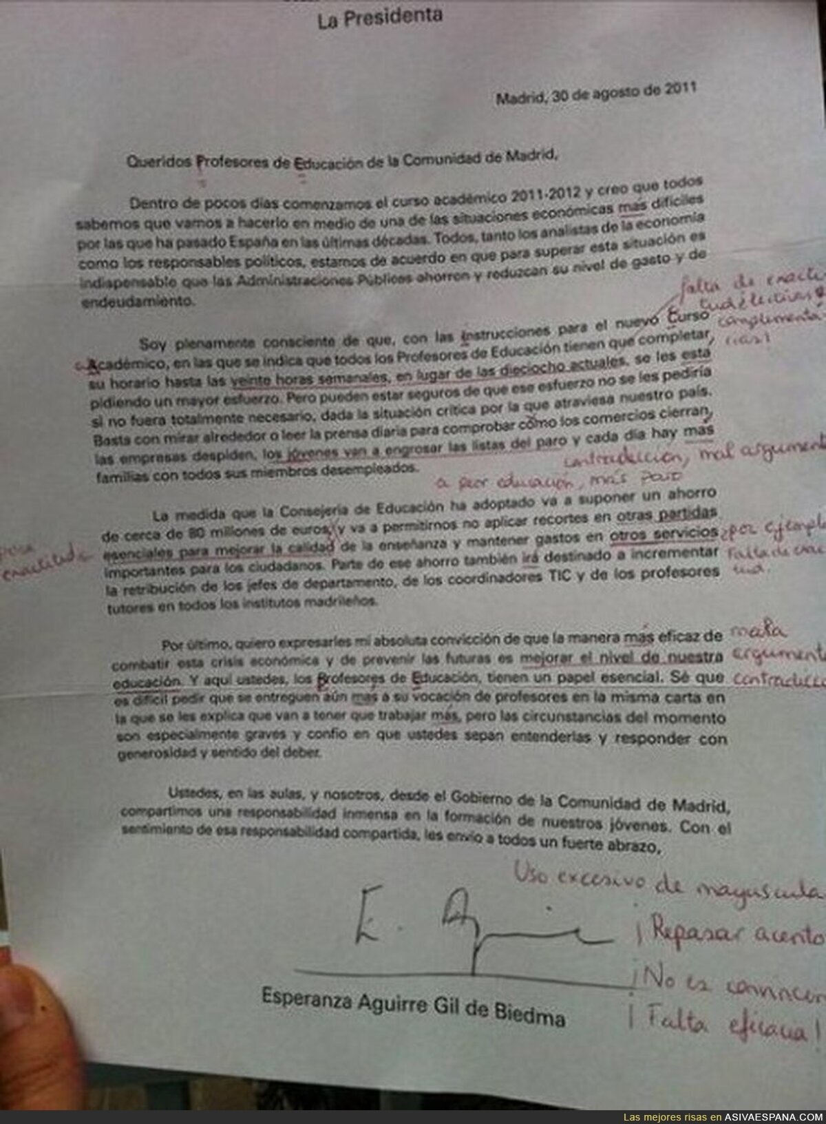 ESPERANZA AGUIRRE - Quiere reducir la educación cuando ni ella misma sabe redactar una carta