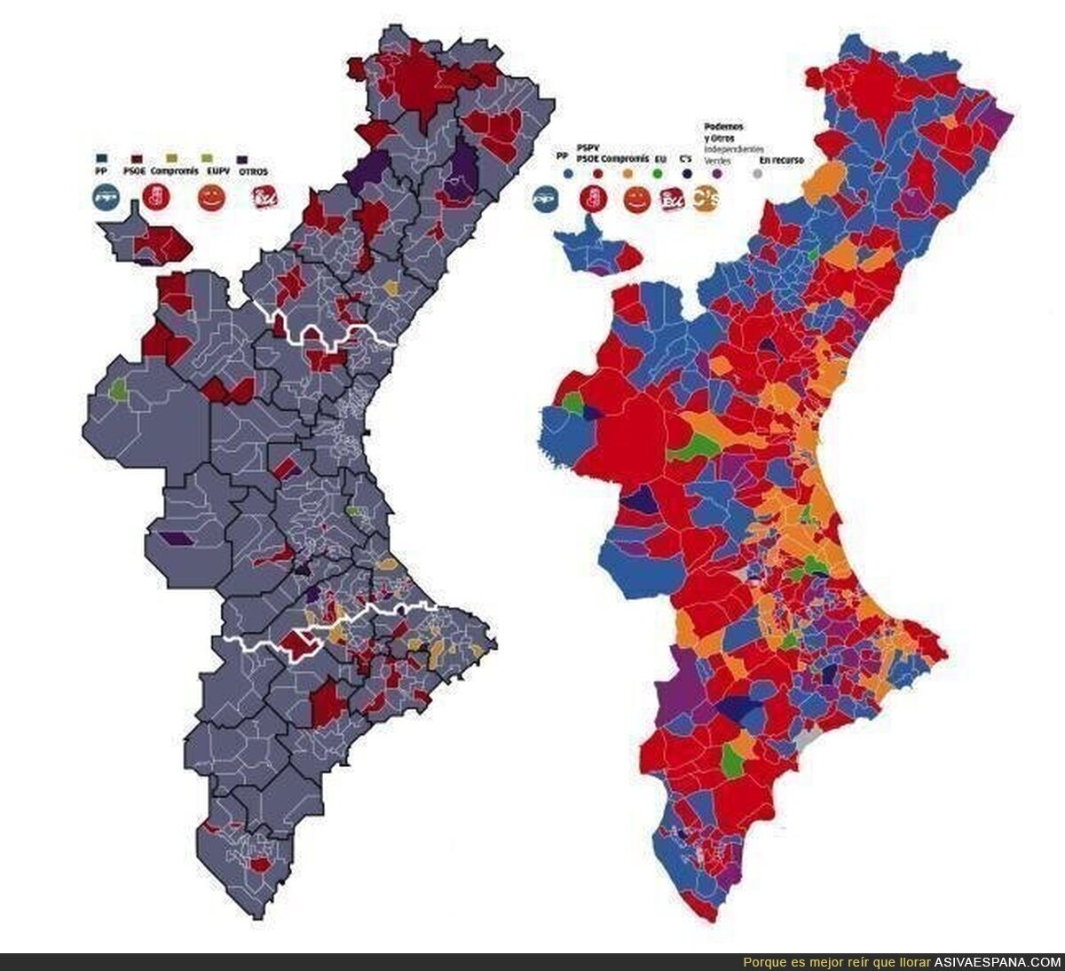 Así estaba en 2011 y así queda el mapa del poder municipal en la C. Valenciana