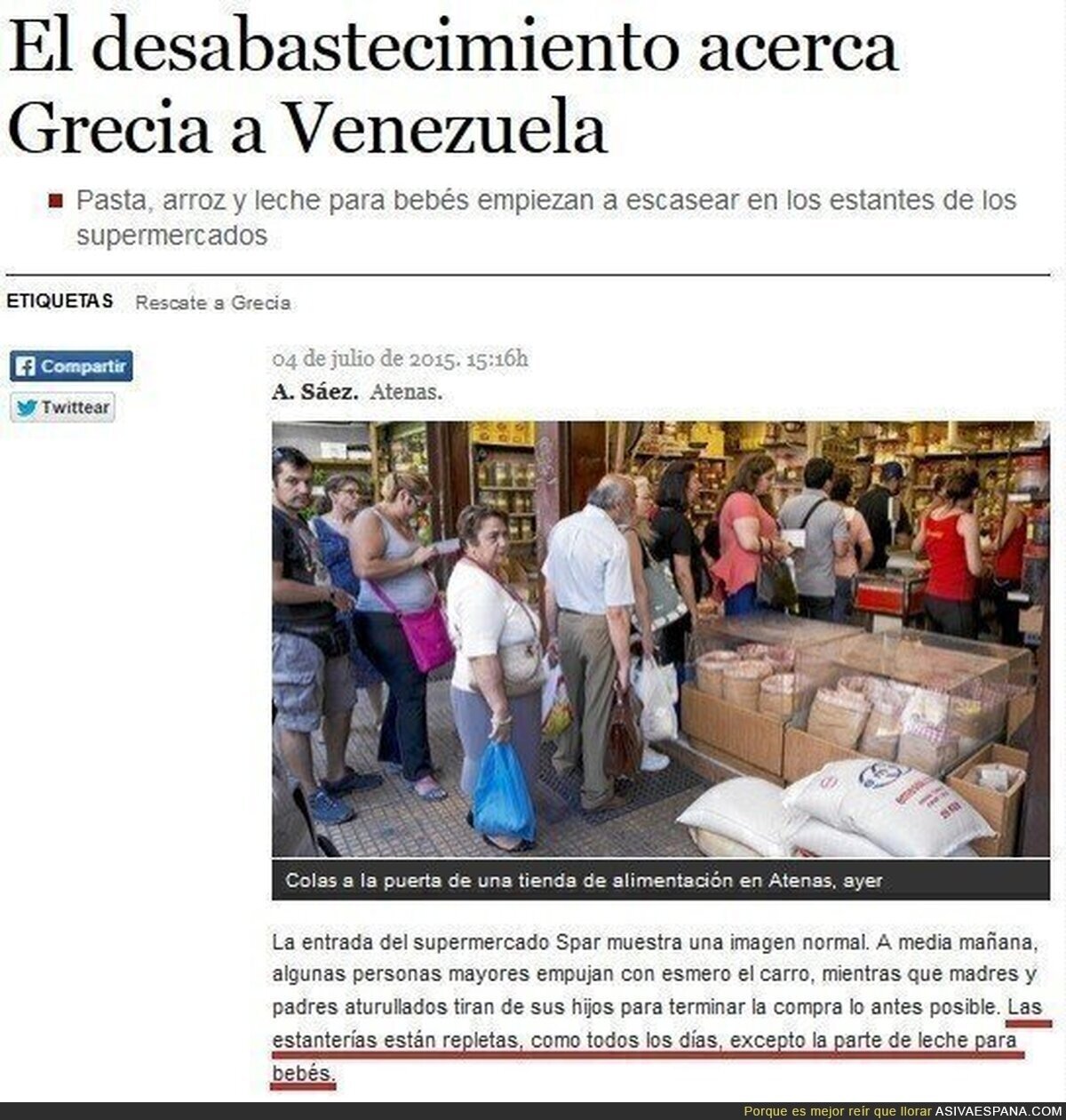Periodicos españoles difunden imagenes manipuladas de desabastecimiento en supermercados de Grecia
