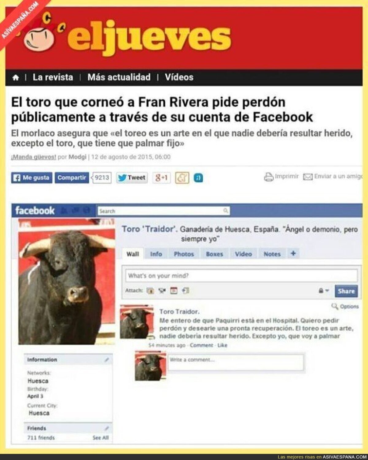 El toro que corneó a Paquirri pide perdón por Facebook