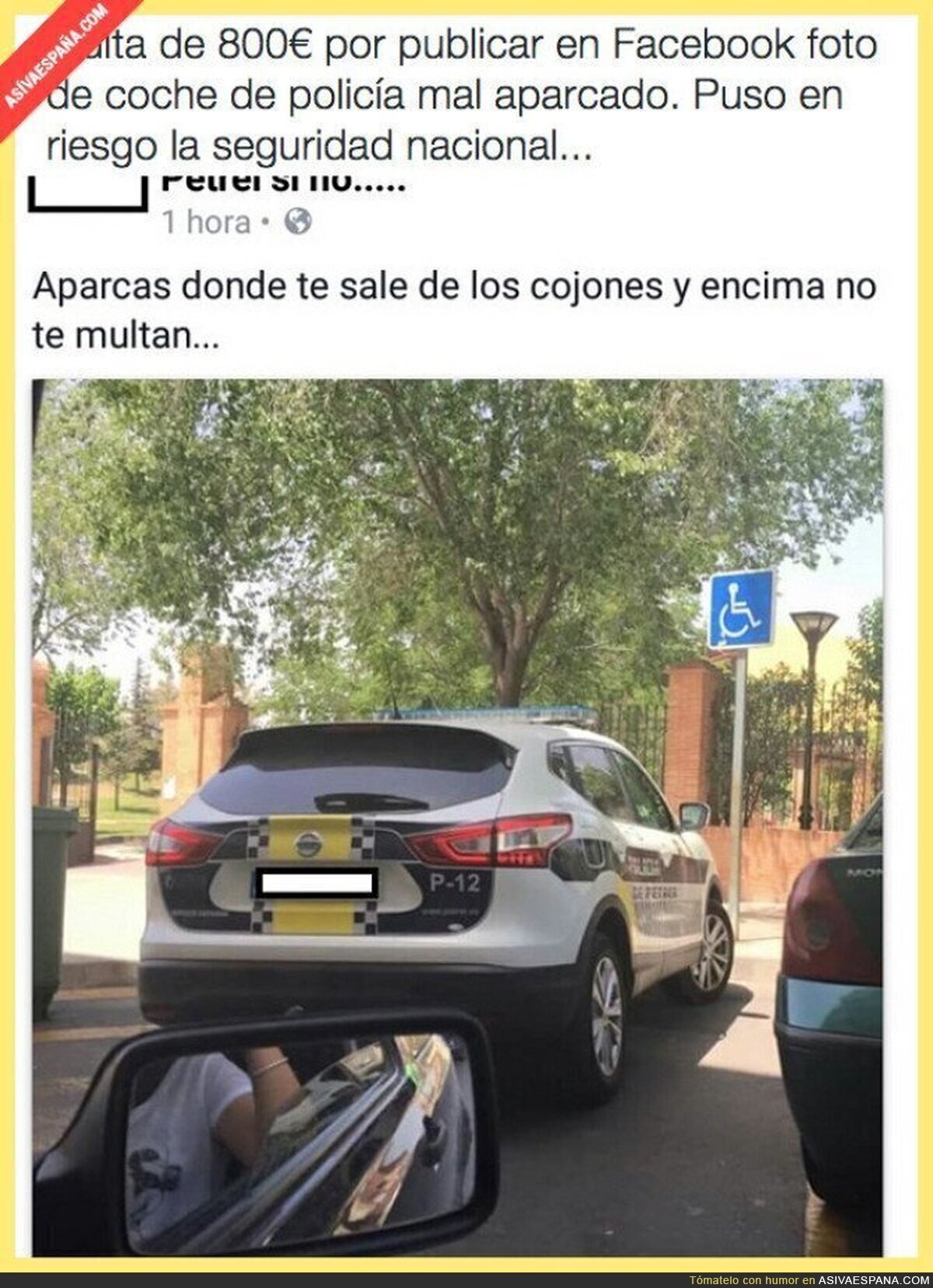 Multa de 800€ a una persona por publicar foto de un coche de policía mal aparcado