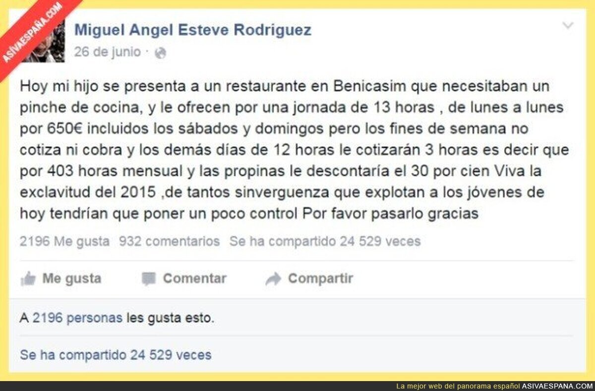 La vergüenza de sueldo por trabajar de lunes a lunes de pinche de cocina. Ya se nota la recuperación