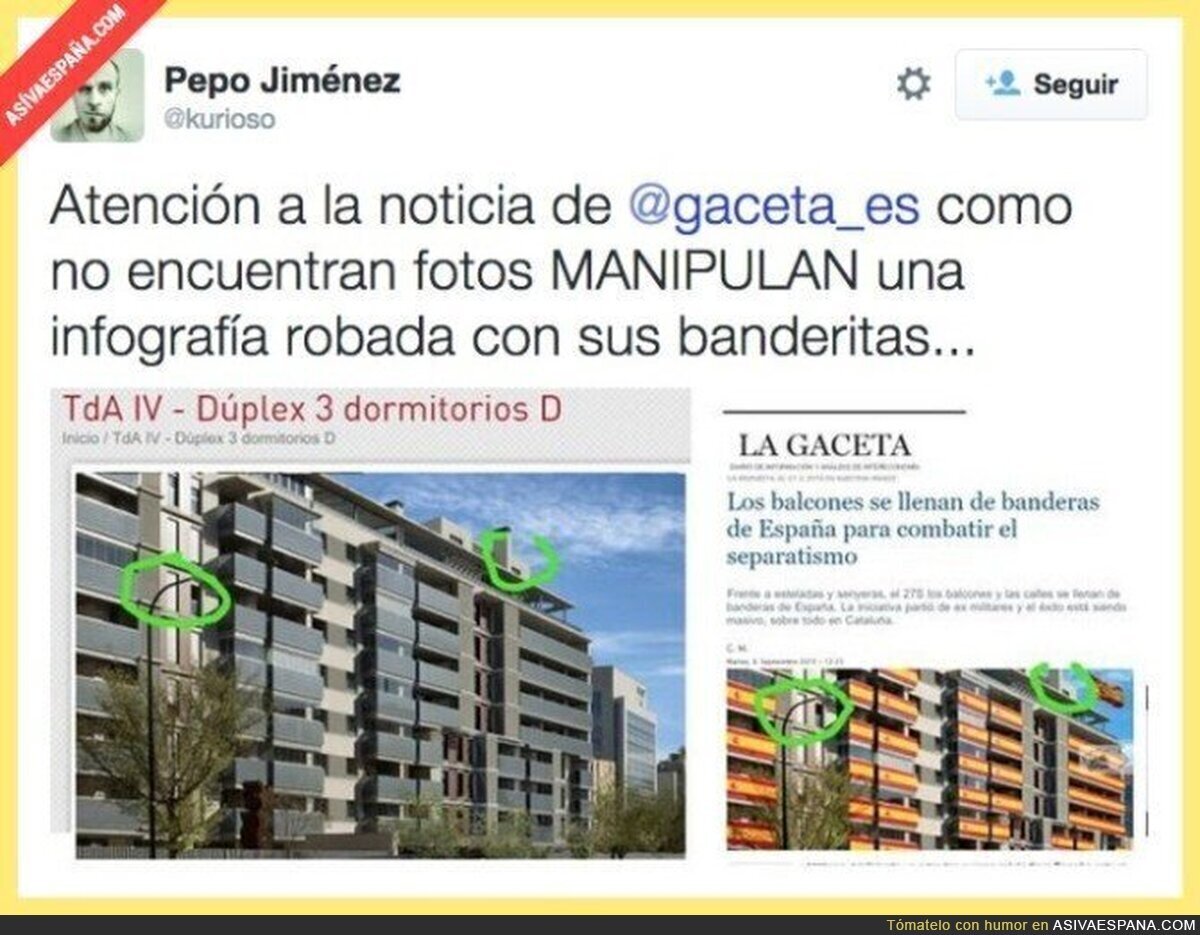 La Gaceta manipula una imagen añadiendo banderas de España en un supuesto edificio de Cataluña 