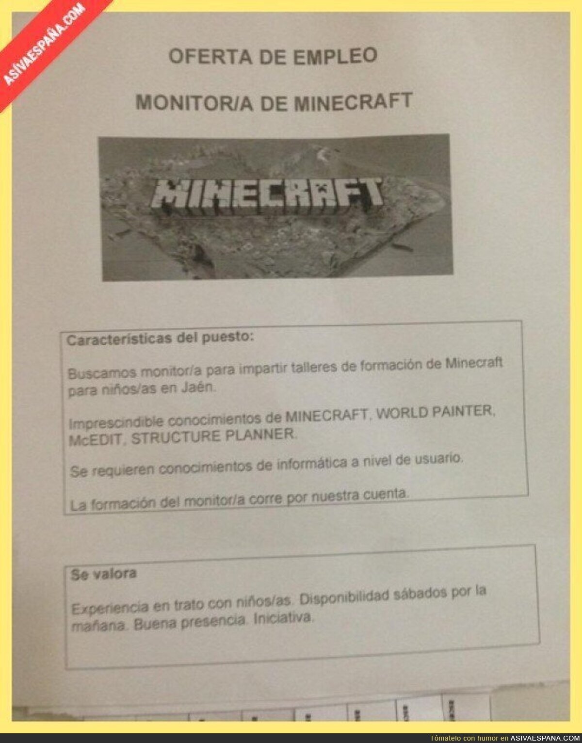 Para que luego digan que en España no hay trabajo: se necesita un monitor de Minecraft en Jaén