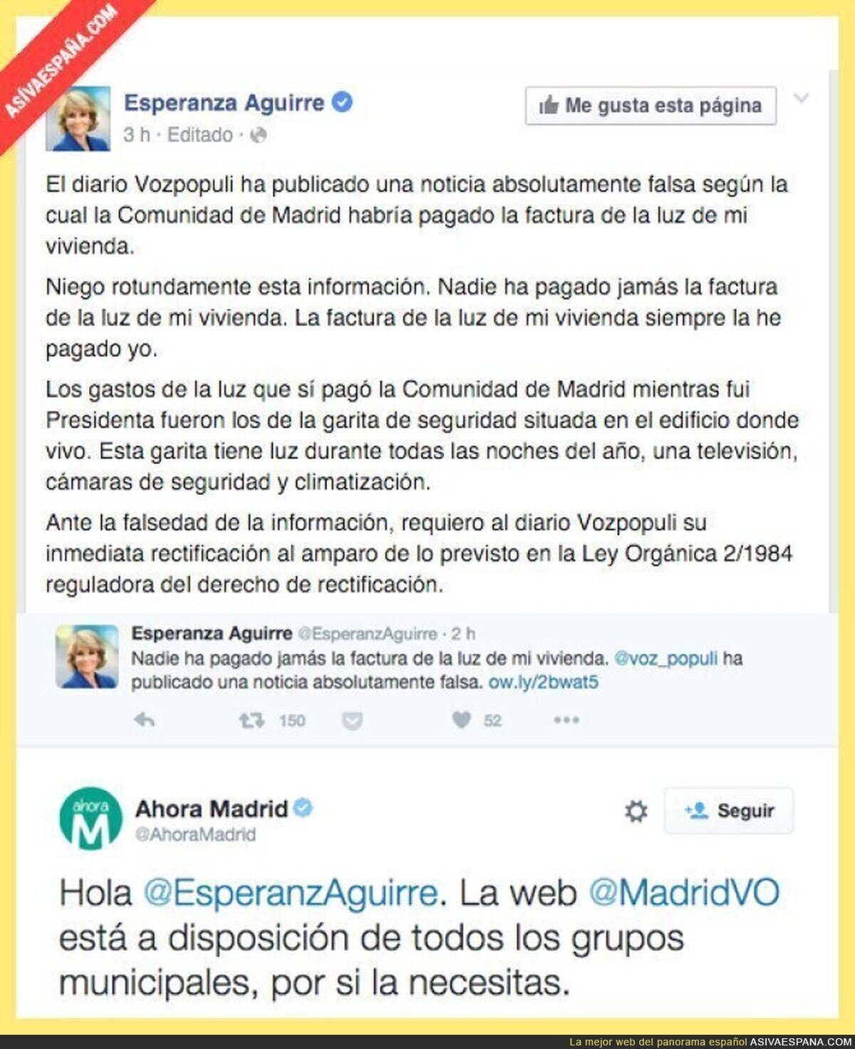 Esperanza Aguirre desmiente la información de Vozpópuli y AhoraMadrid aprovecha para recordarle al