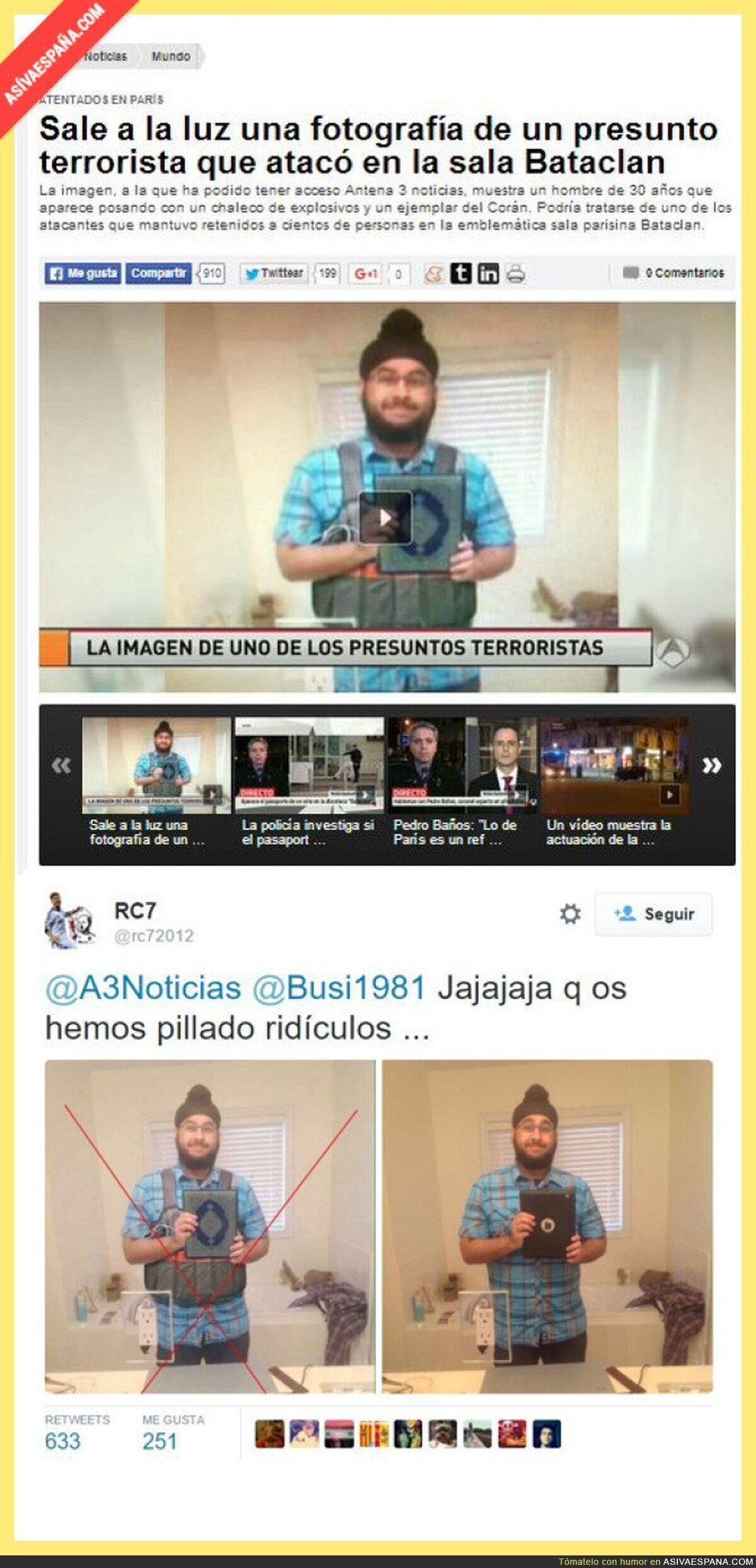 Antena 3 difunde una foto manipulada de un supuesto terrorista de París #TREMENDO