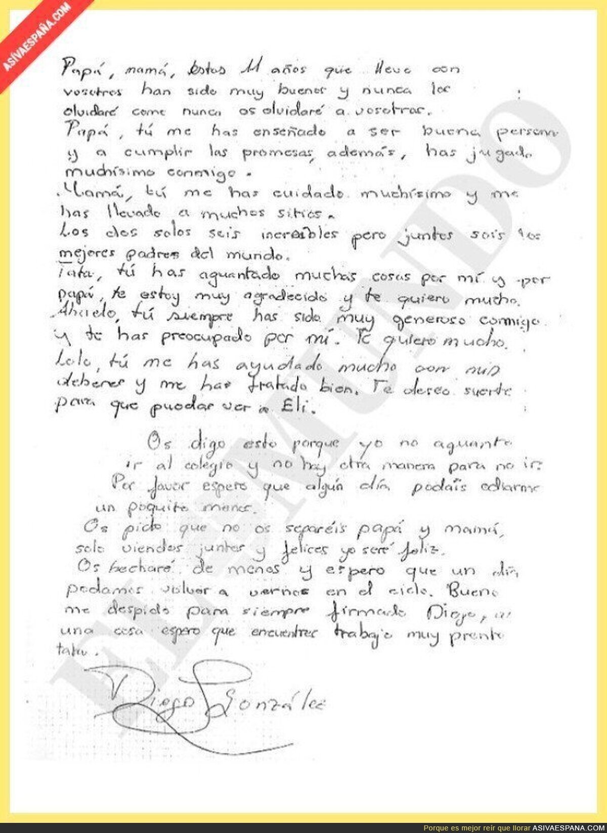 La carta de Diego (11 años) despidiéndose de su familia antes de suicidarse por el acoso escolar :(