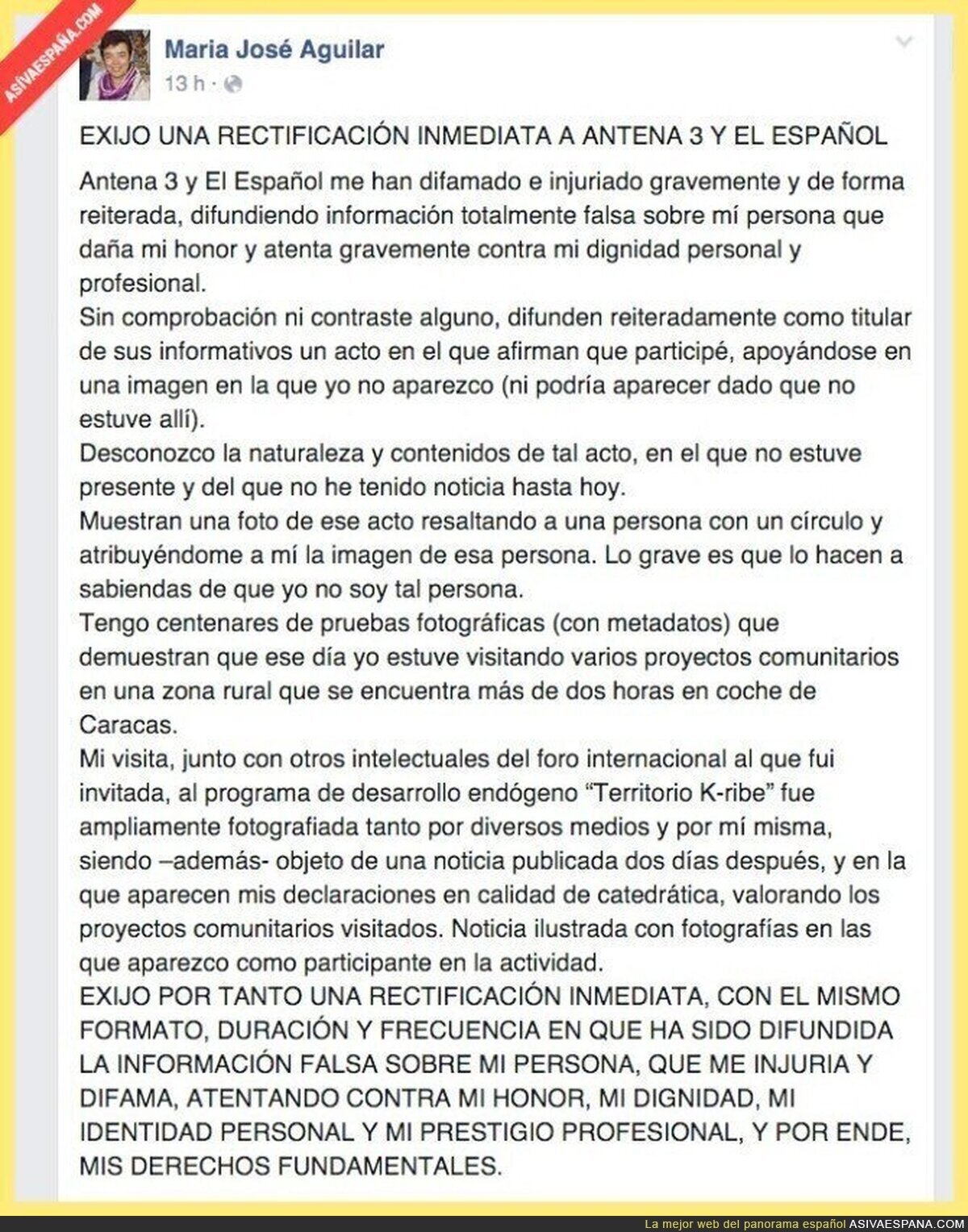 María José Aguilar (Podemos) exige que Antena 3 rectifique sus manipulaciones. Ojito al texto