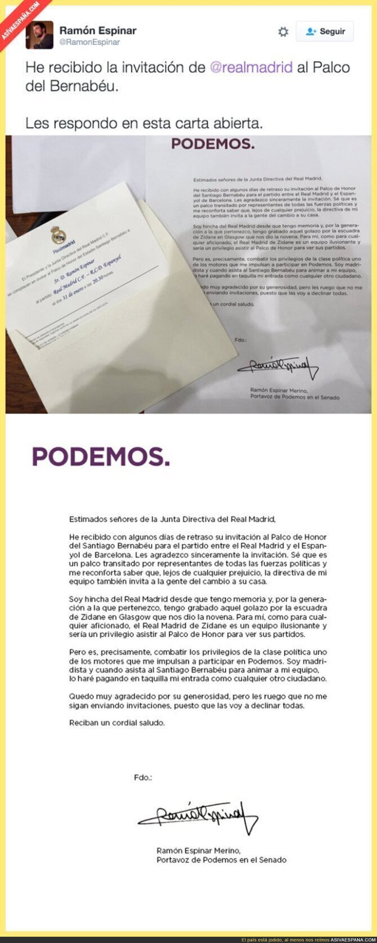 La gran respuesta de un senador de Podemos a la invitación del Real Madrid a un partido