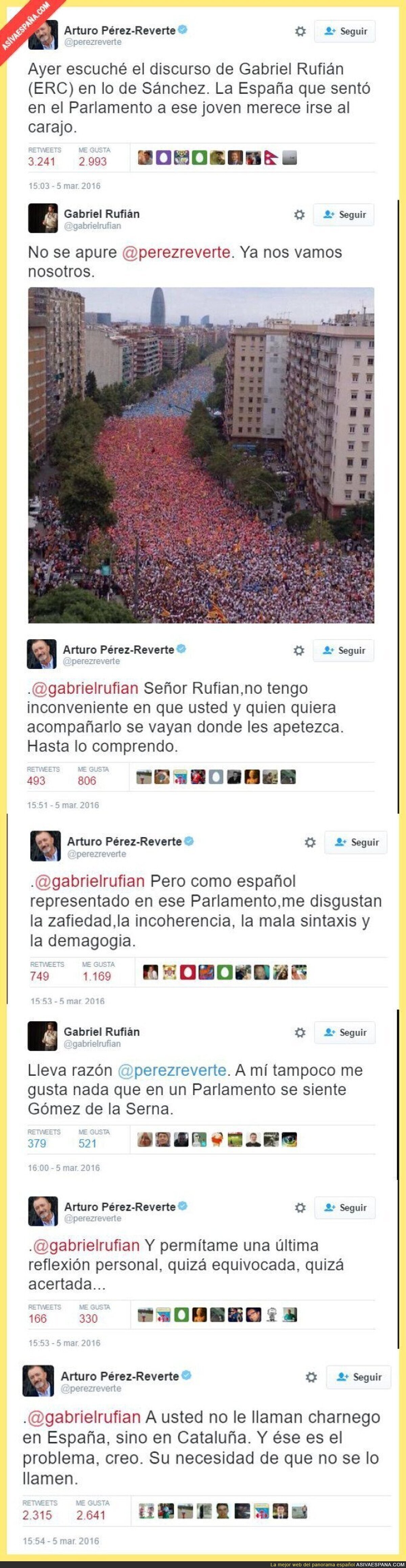 La pelea tuitera entre Arturo Pérez Reverte y Gabriel Rufián (ERC)