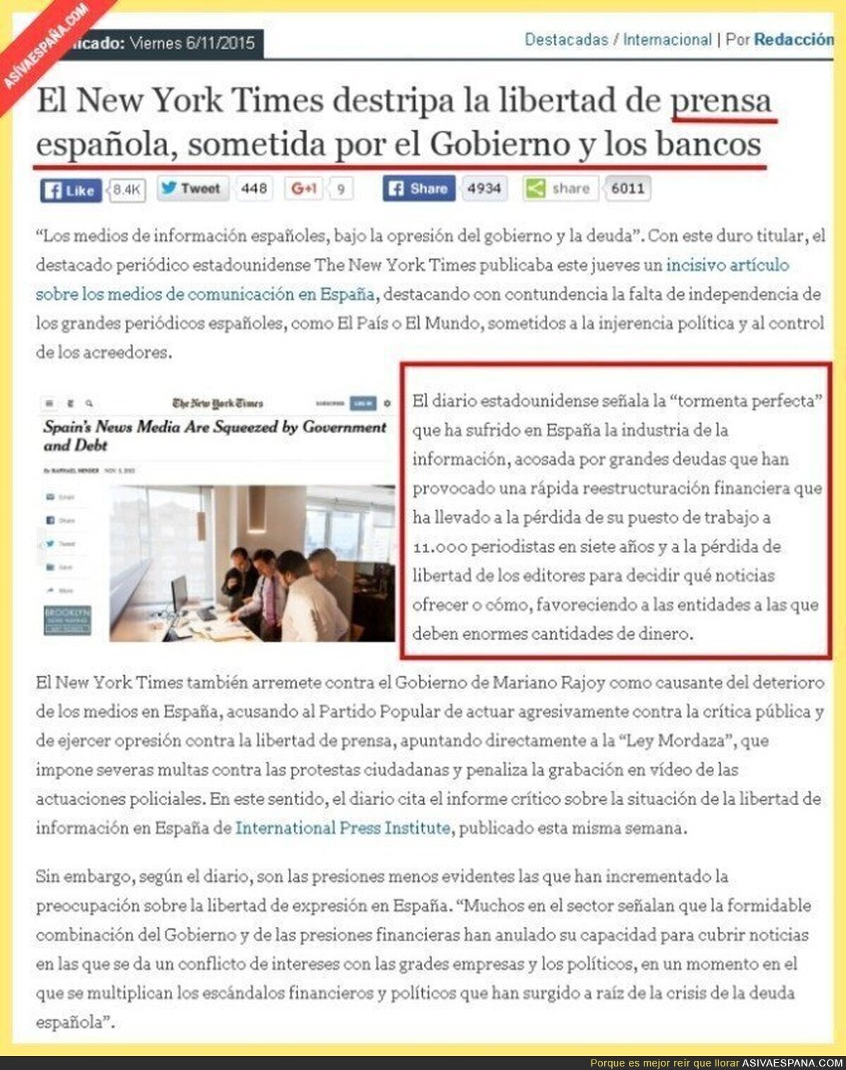 El New York Times destripa la libertad de la prensa española
