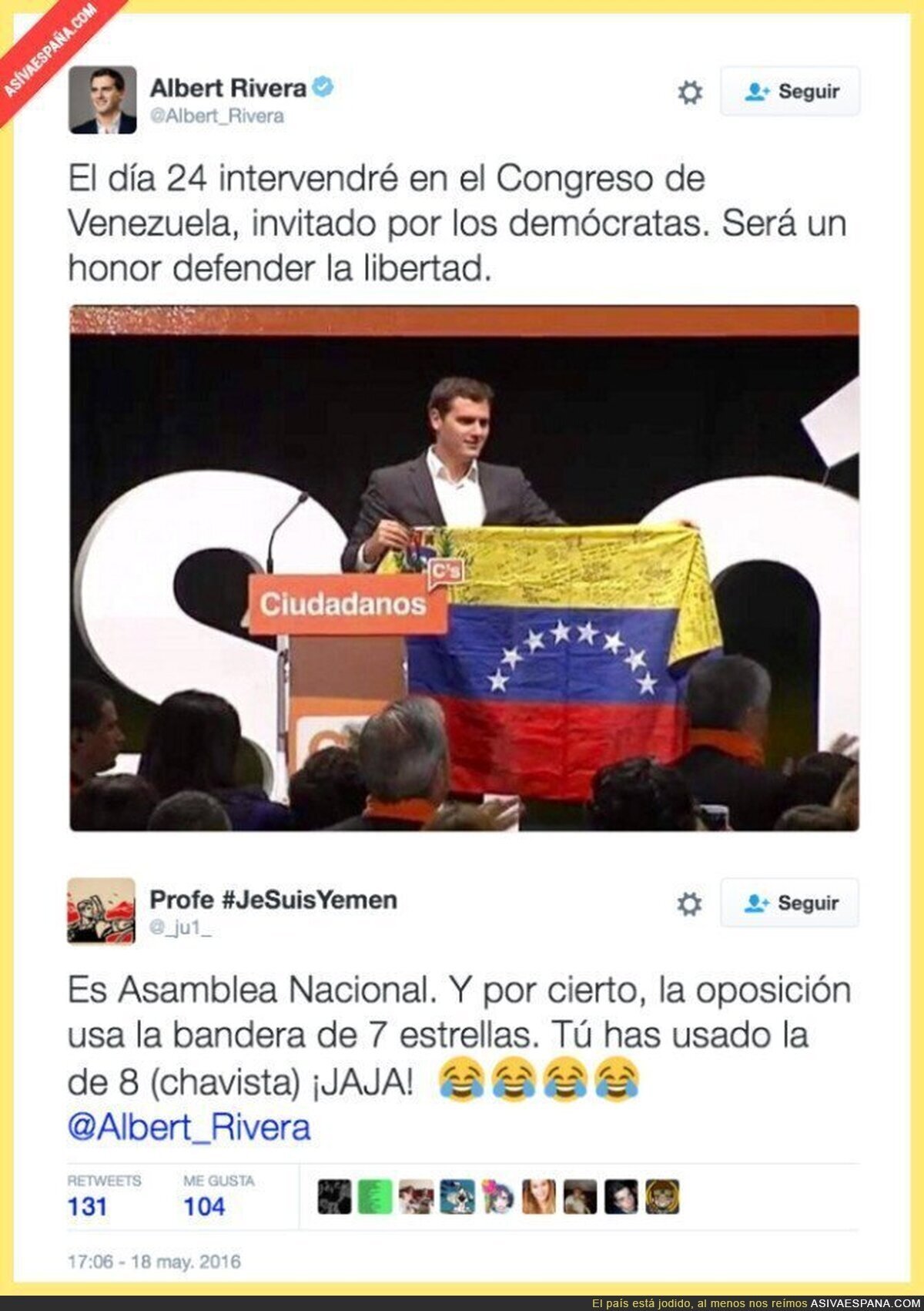 Albert Rivera anuncia su viaje a Venezuela con una bandera CHAVISTA