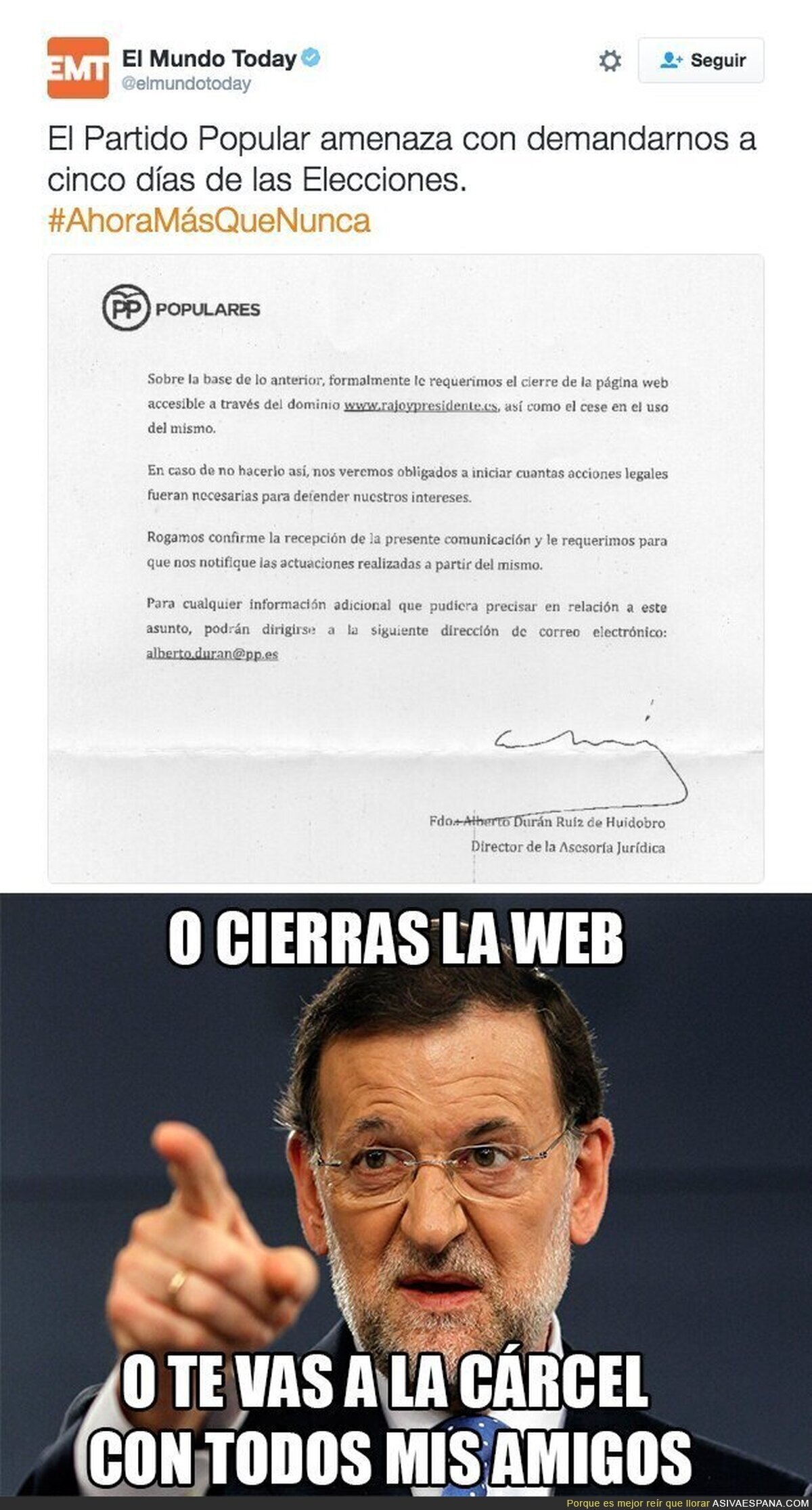 El Partido Popular amenaza a El Mundo Today con una demanda si no cierran la web "Rajoy Presidente"