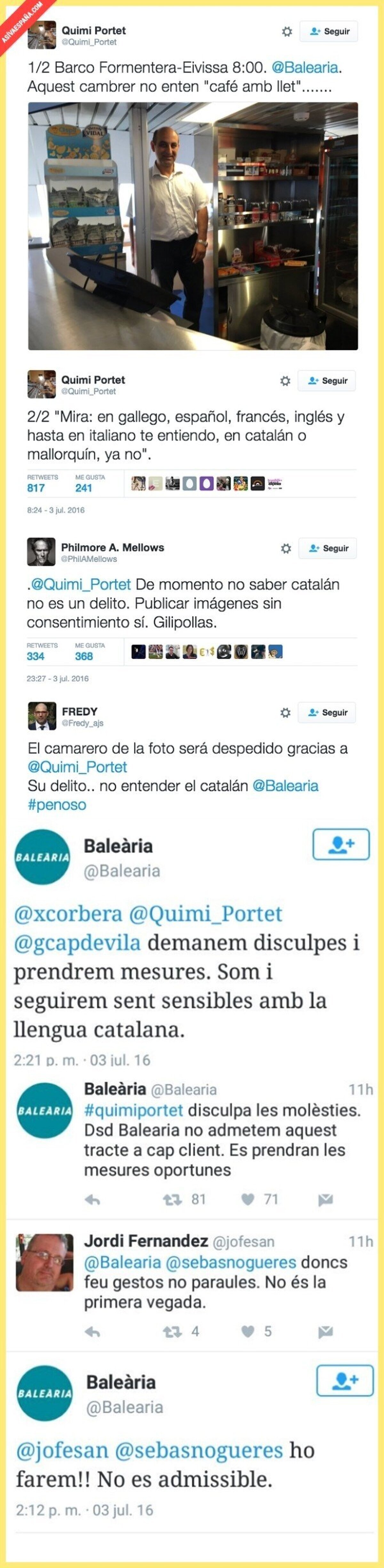 Quimi Portet denuncia en Twitter que un camarero no le ha entendido esta frase en catalán