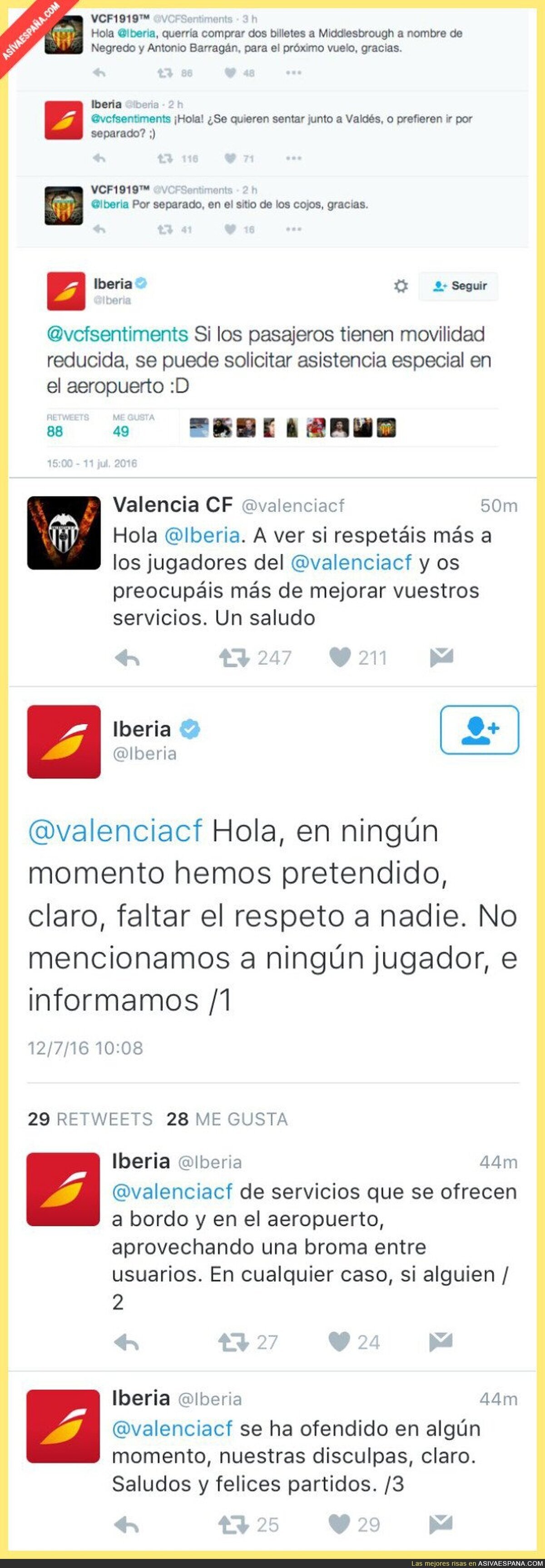 El Valencia CF se indigna en Twitter tras estos tuits de Iberia buscándole asiento a Negredo