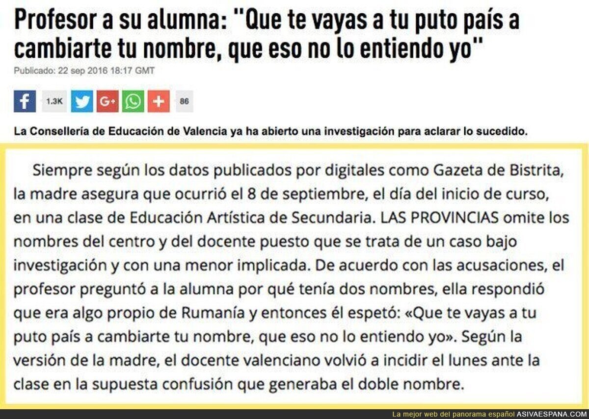 Escándalo en Valencia por el comentario racista que un profesor hace a su alumna de Rumanía