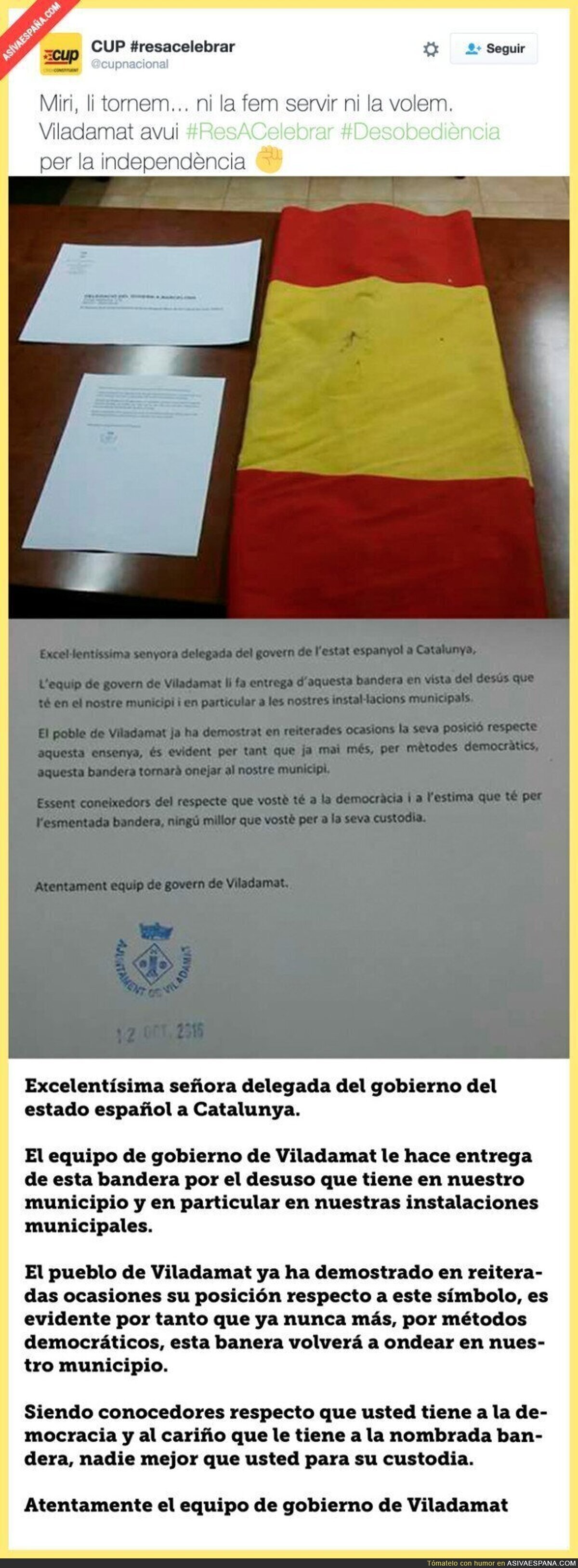 La genial carta enviada de la CUP en Viladamat a la delegada del Gobierno de España en Catalunya