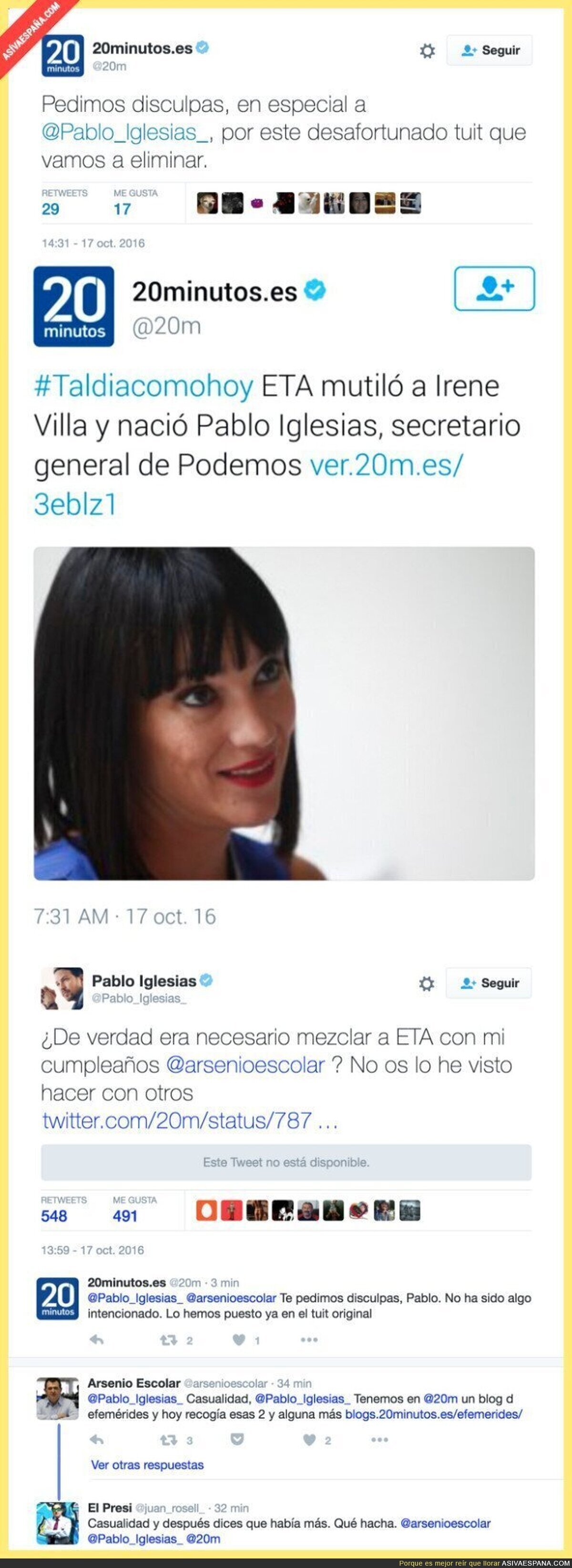 El lamentable tuit de 20minutos relacionando a Pablo Iglesias y ETA
