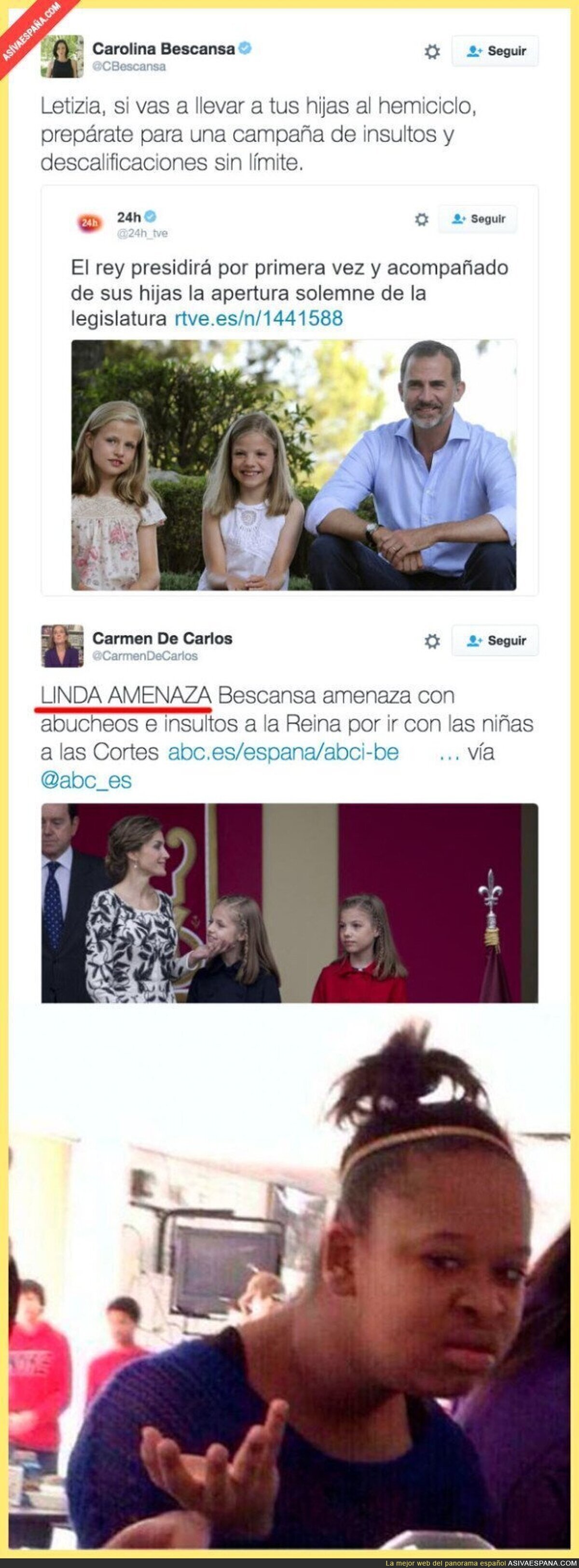 Esta periodista de ABC tacha de 'amenaza' este tuit de Carolina Bescansa y las hijas de la Reina