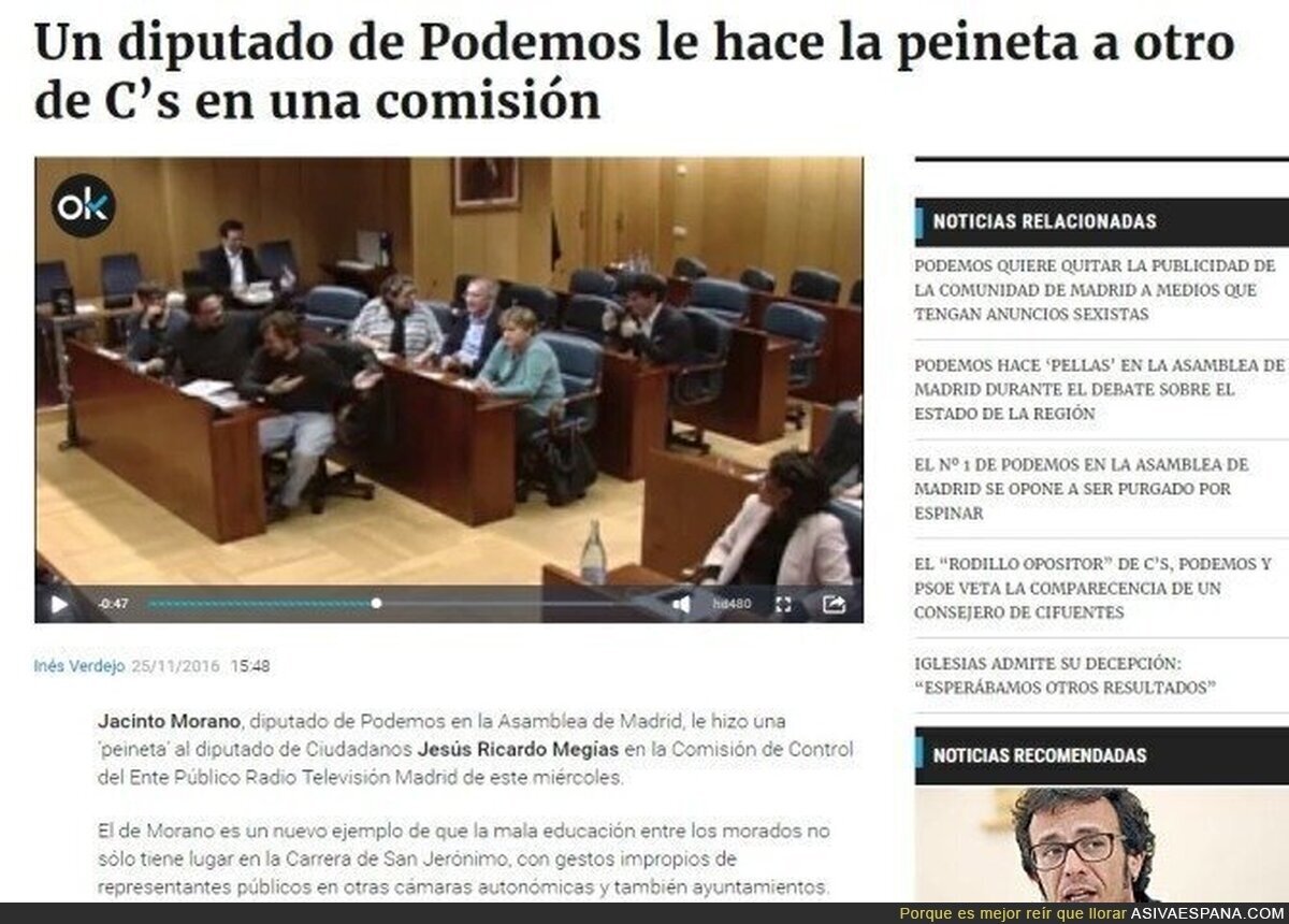 Un diputado de Podemos le hace una peineta a otro de Ciudadanos