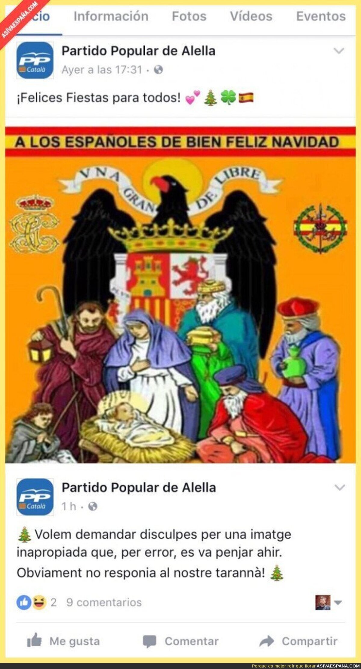 El PP de Alella felicita la Navidad con el águila franquista