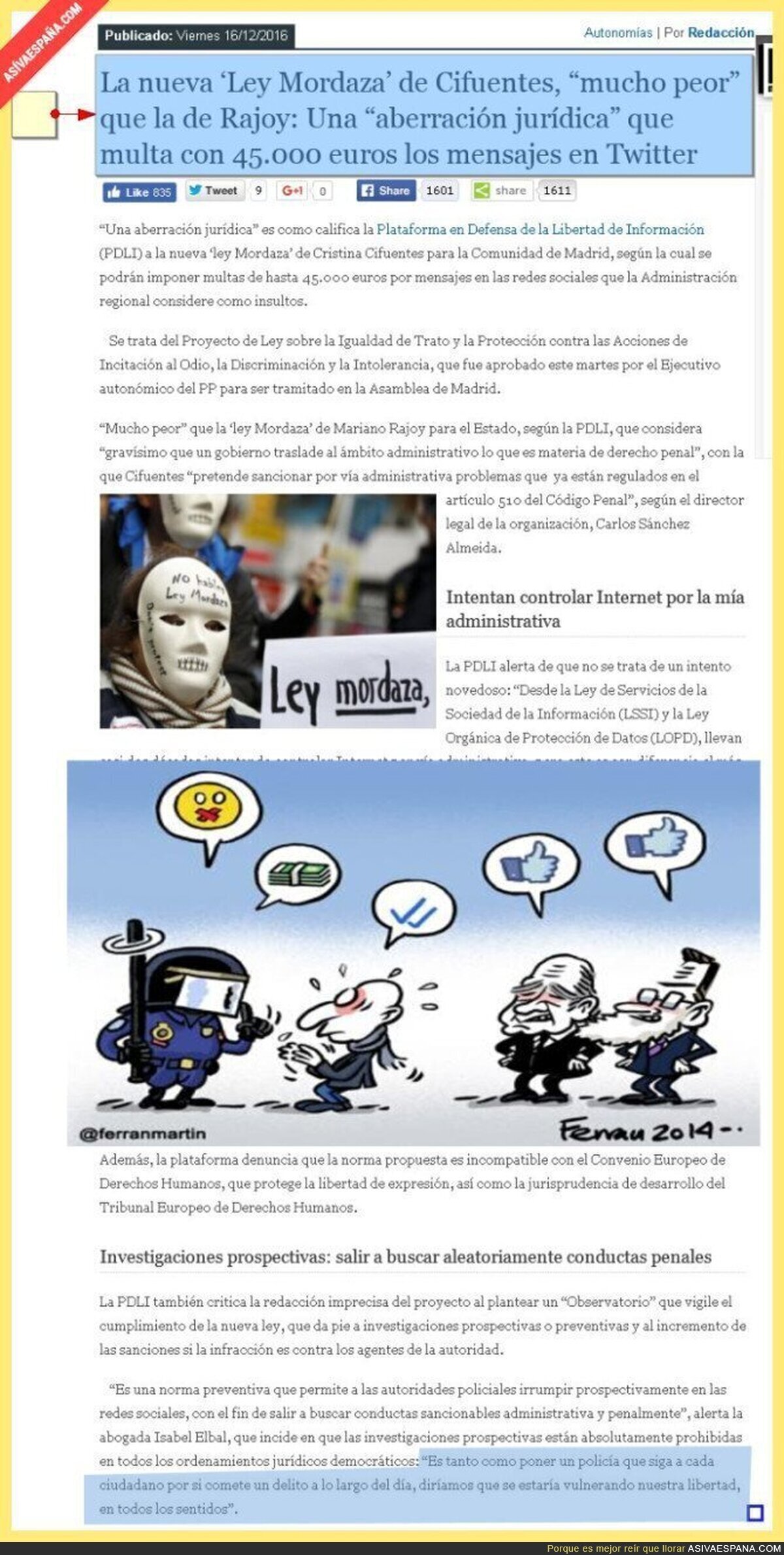 La nueva ‘Ley Mordaza’ de Cifuentes, “mucho peor” que la de Rajoy