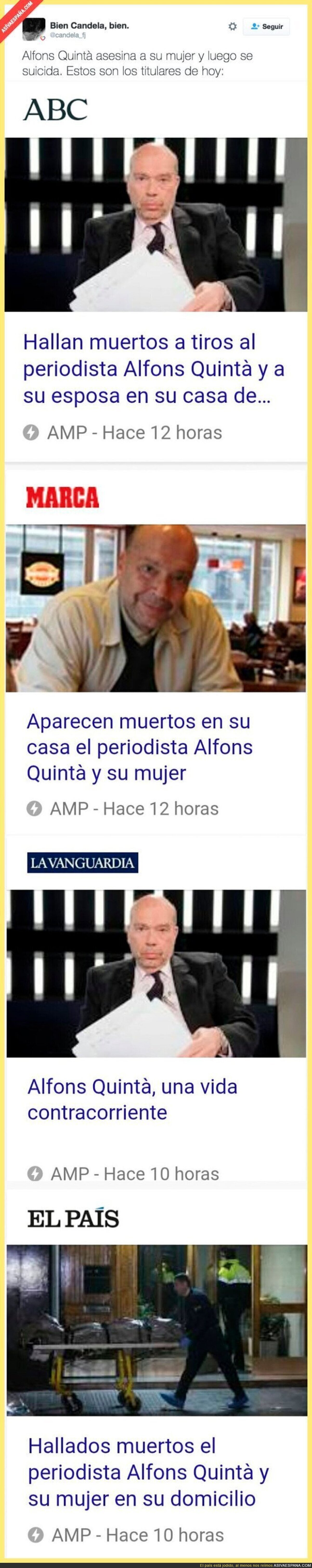 Alfons Quintà, ex director de TV3, asesina a su mujer y el periodismo titula así