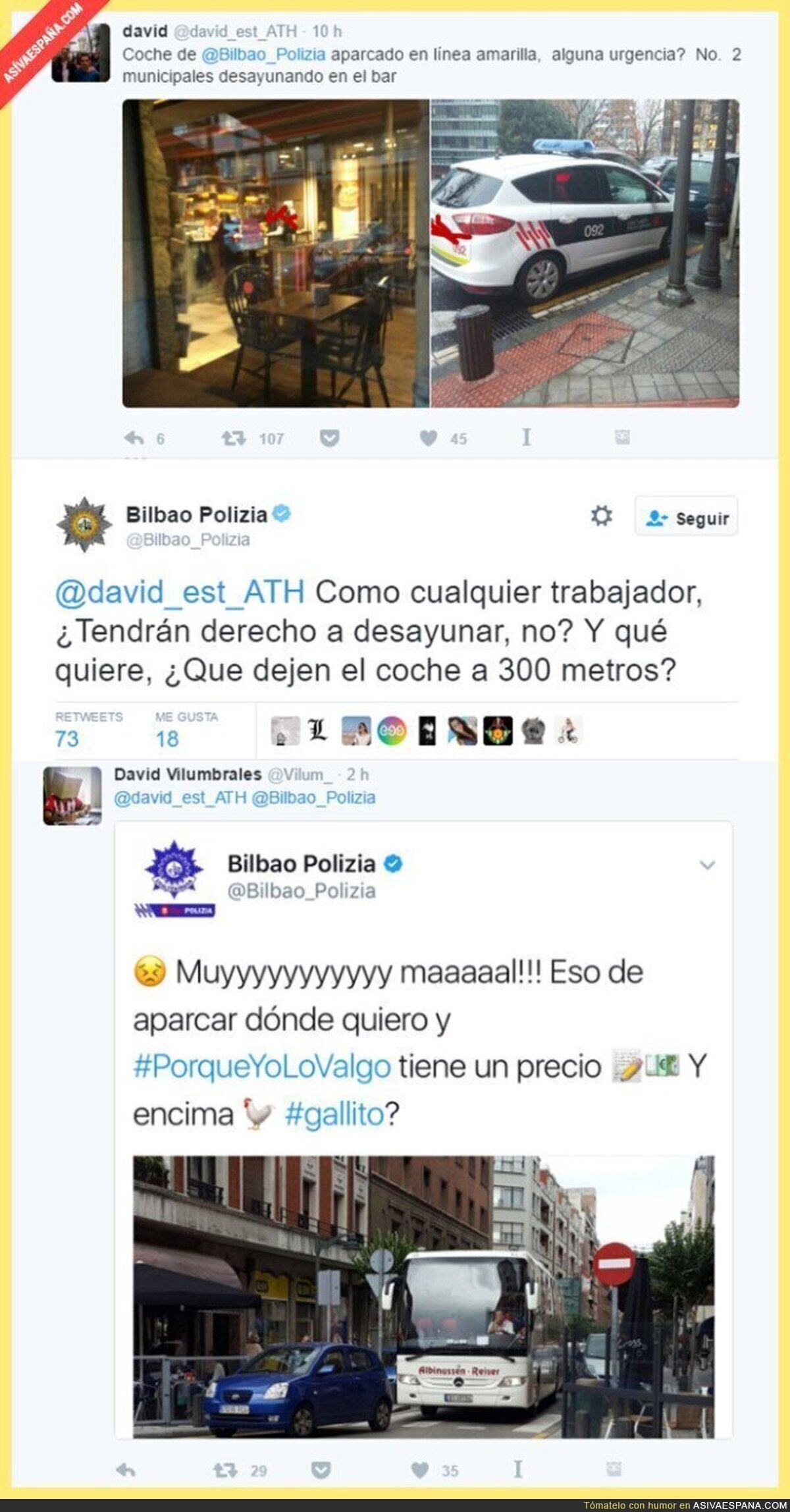 La Policía de Bilbao deja el coche para desayunar en línea amarilla y su excusa es ridícula...