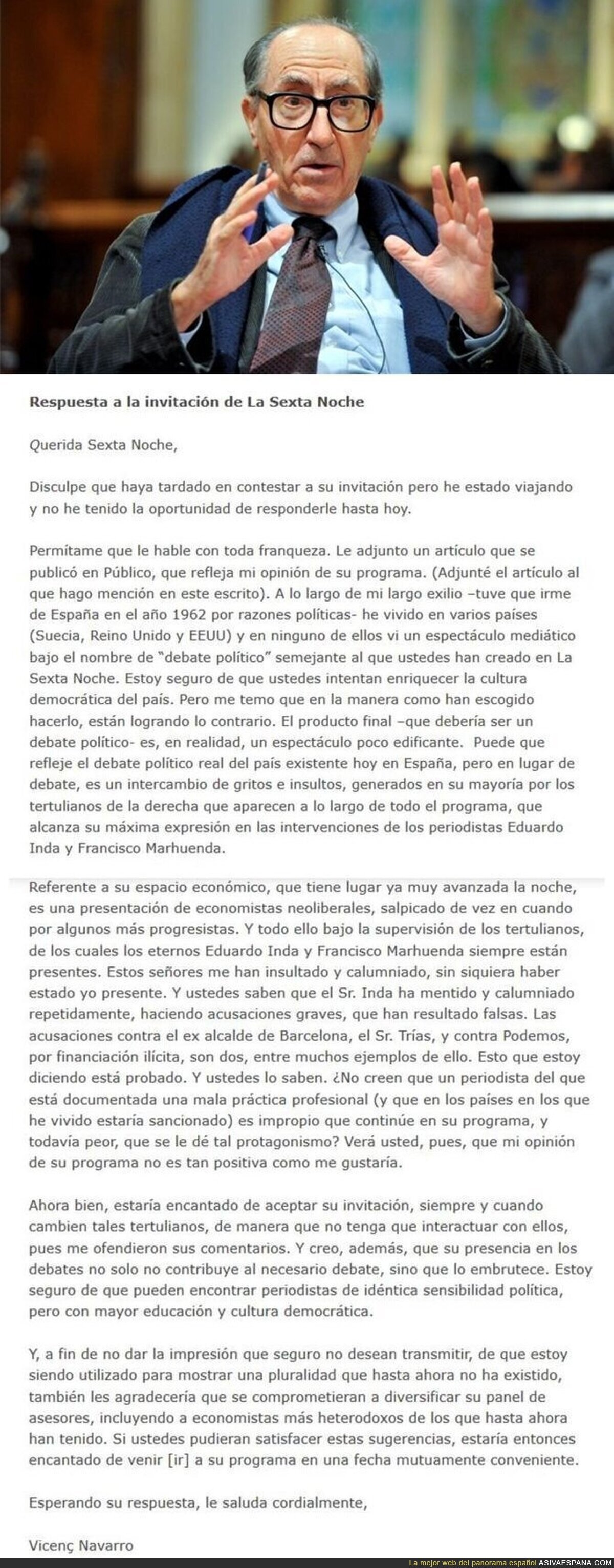 Respuesta del catedrático Vicenç Navarro a la invitación de La Sexta Noche