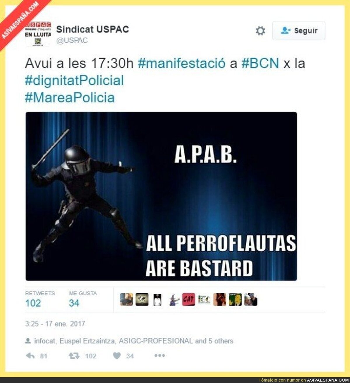 De esta manera el Sindicato USPAC avisaba de una huelga de policías en Twitter